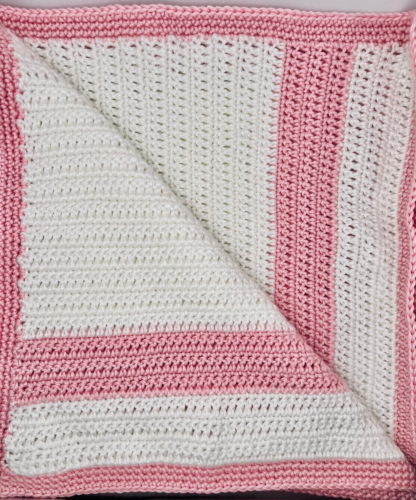 Handmade Crochet Baby Blanket - Snow White with Light Pink Boarder