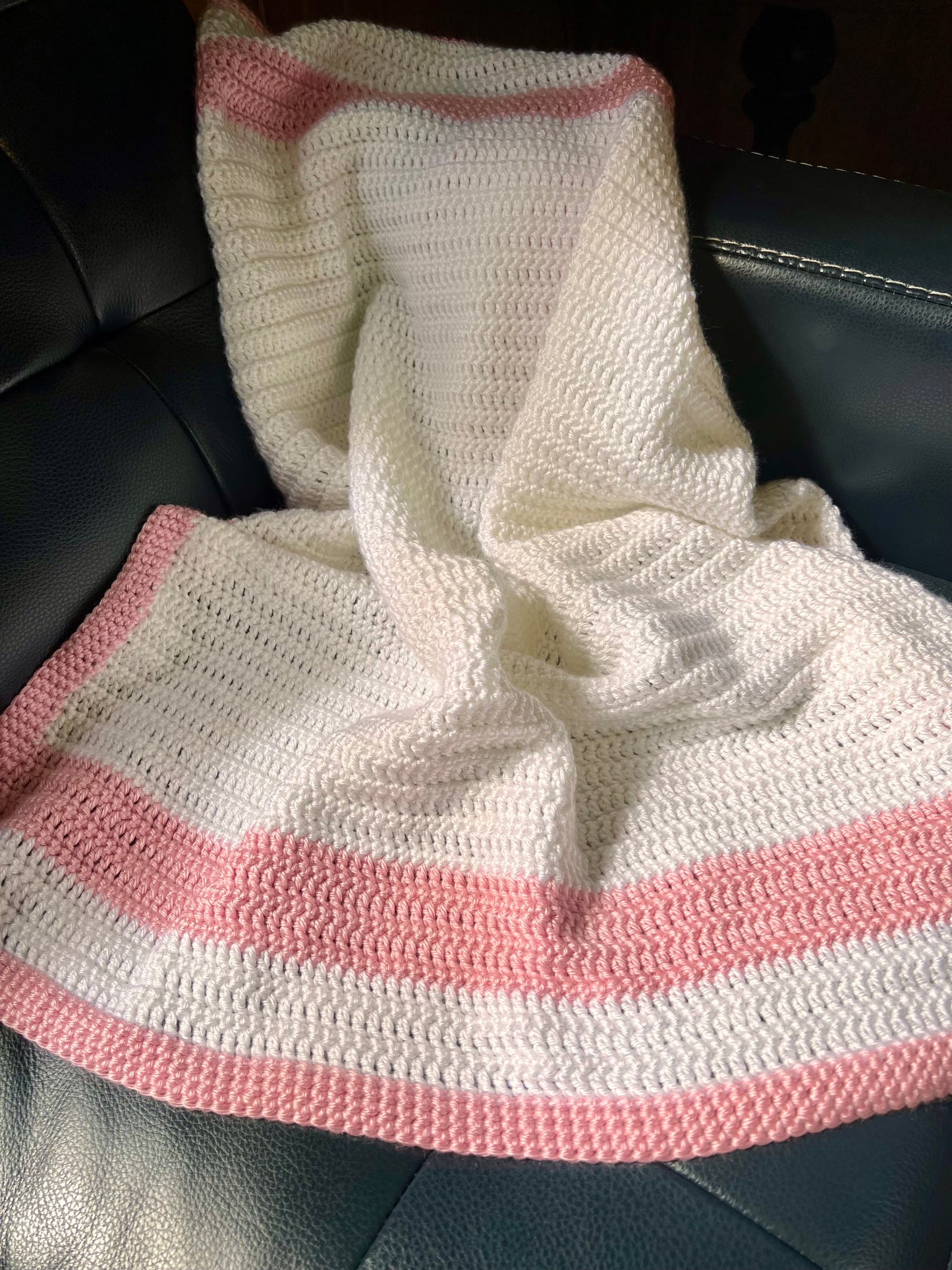 Handmade Crochet Baby Blanket - Snow White with Light Pink Boarder