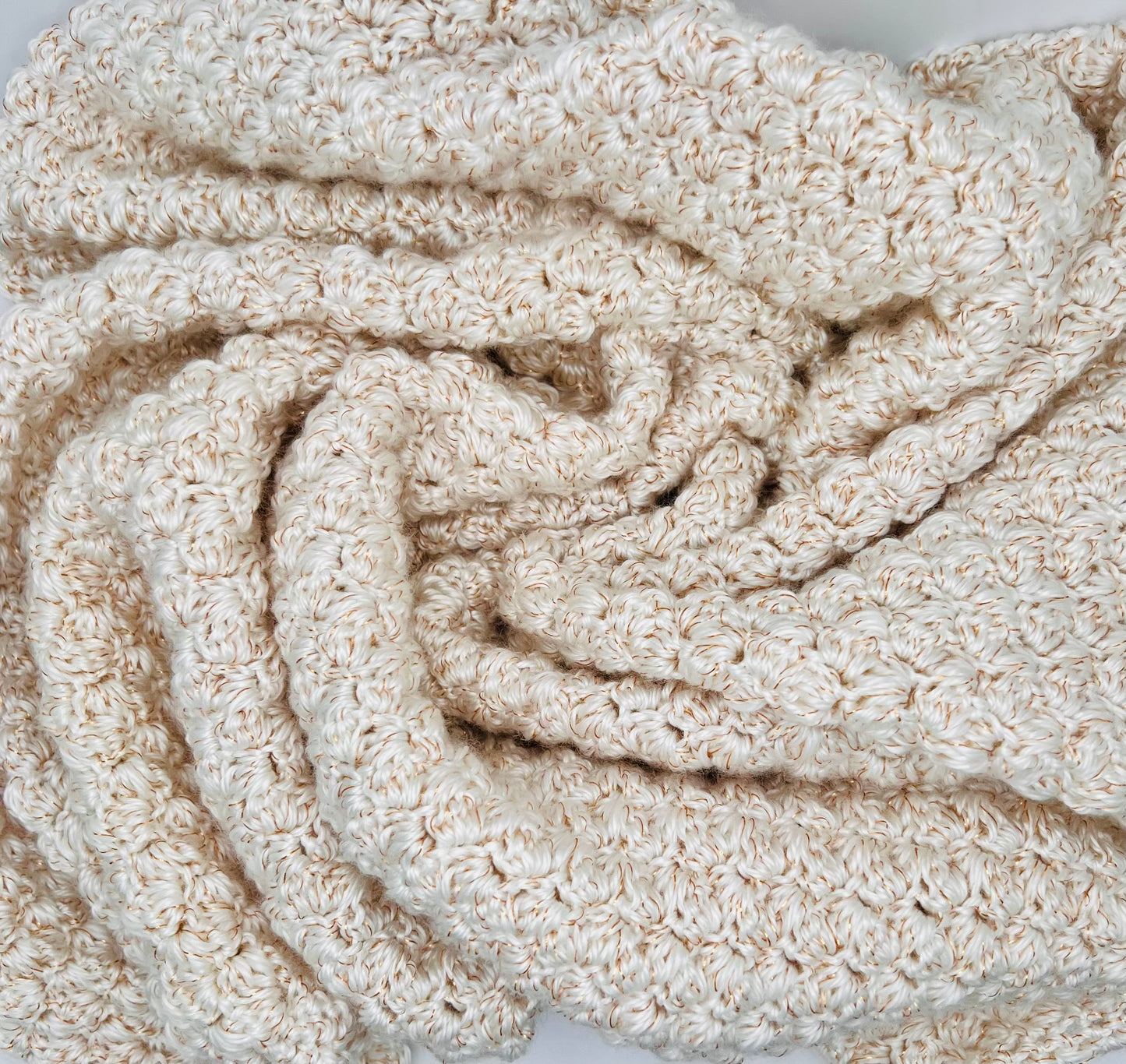 Handmade Crochet Baby Blanket - Cream with Gold Threading