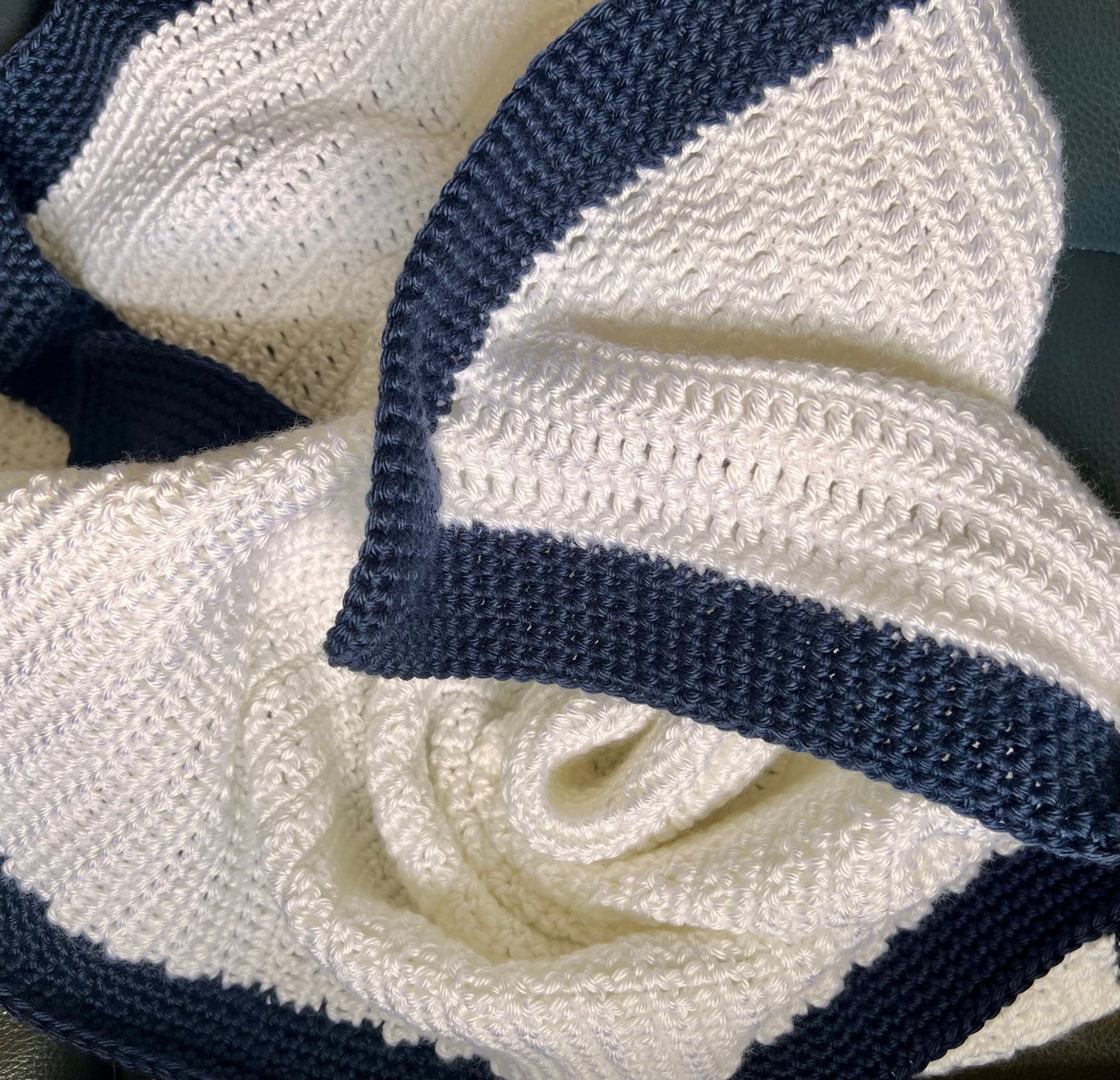 Handmade Crochet Baby Blanket, Snow White with Navy Border