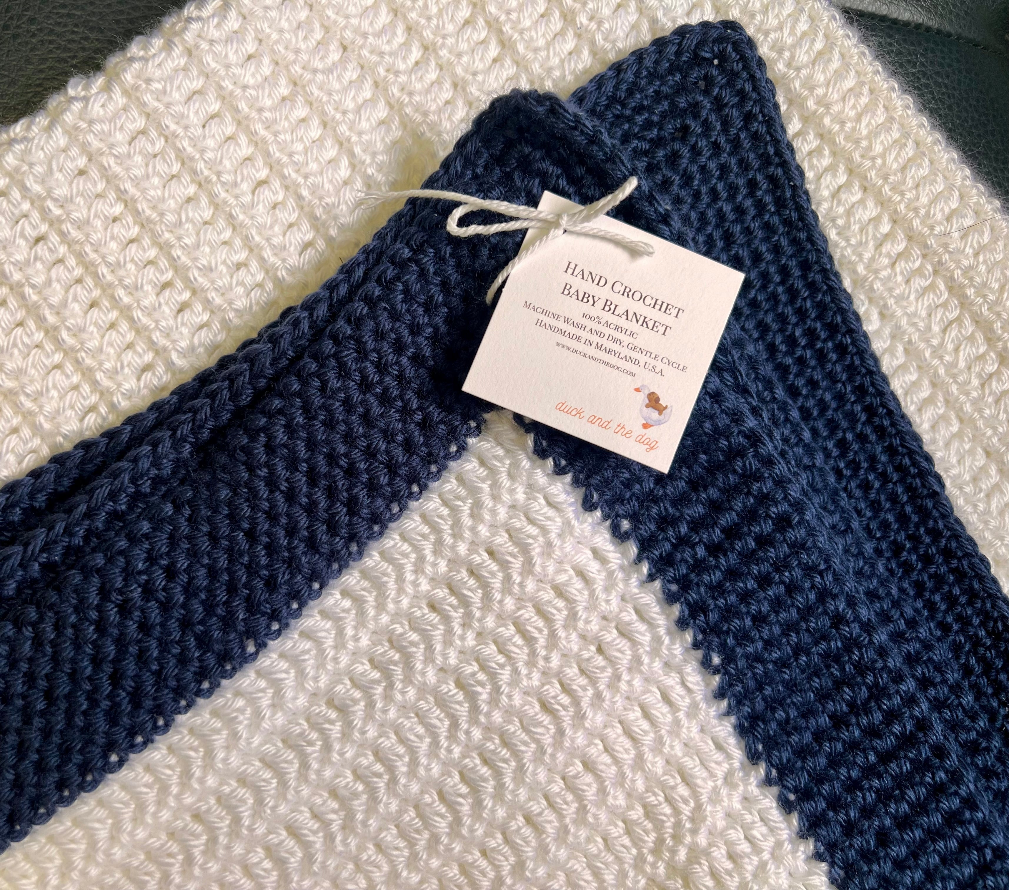 Handmade Crochet Baby Blanket, Snow White with Navy Border – Duck