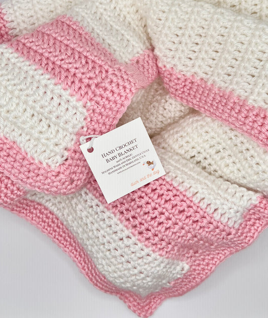 Handmade Crochet Baby Blanket - Snow White with Light Pink Boarder