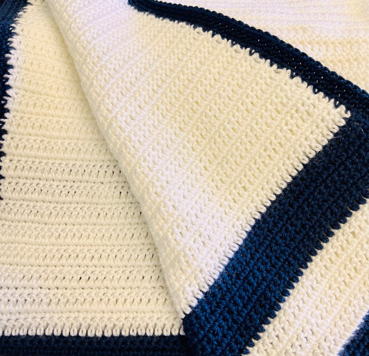 Handmade Crochet Baby Blanket, Snow White and Navy