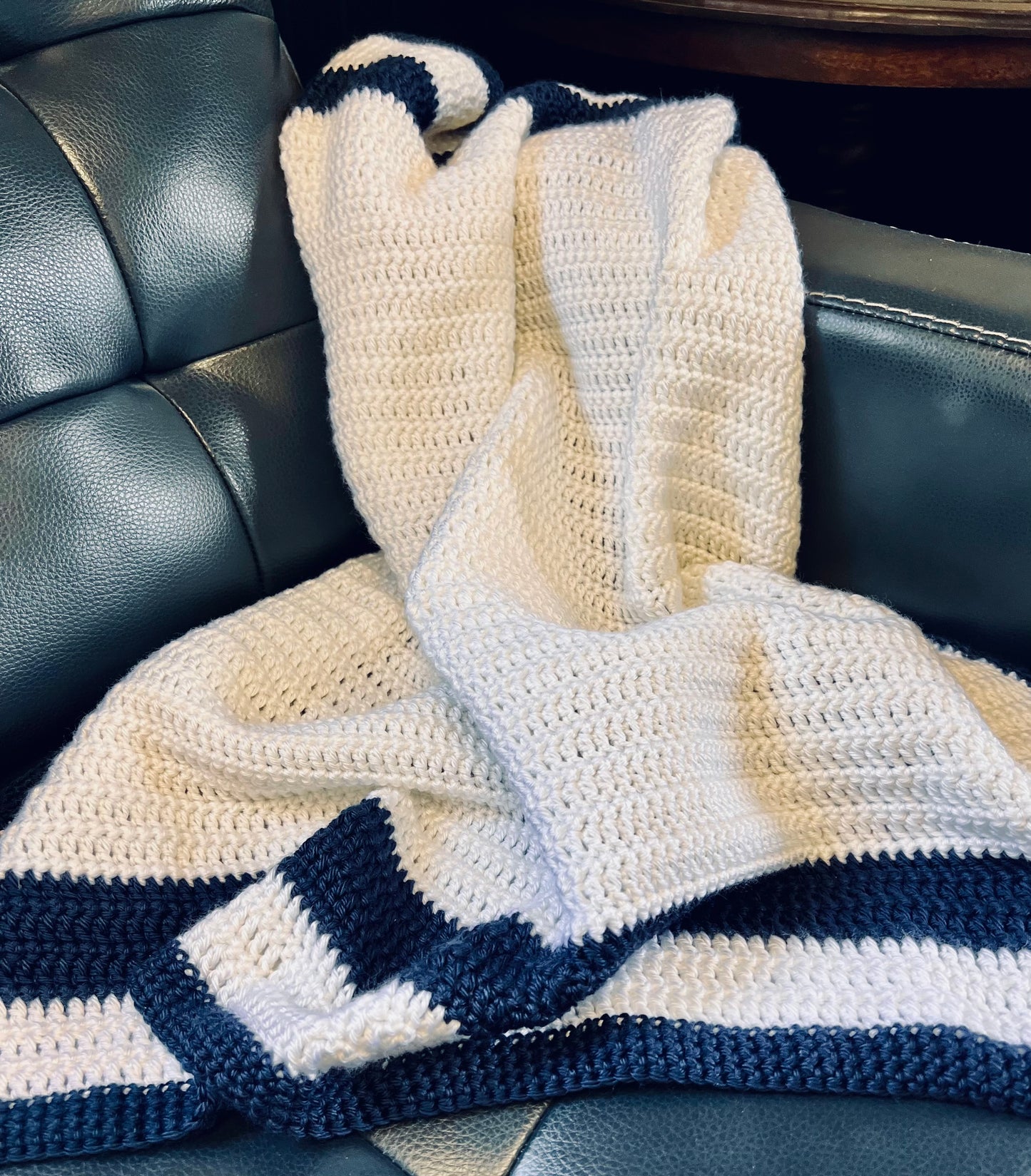 Handmade Crochet Baby Blanket, Snow White and Navy