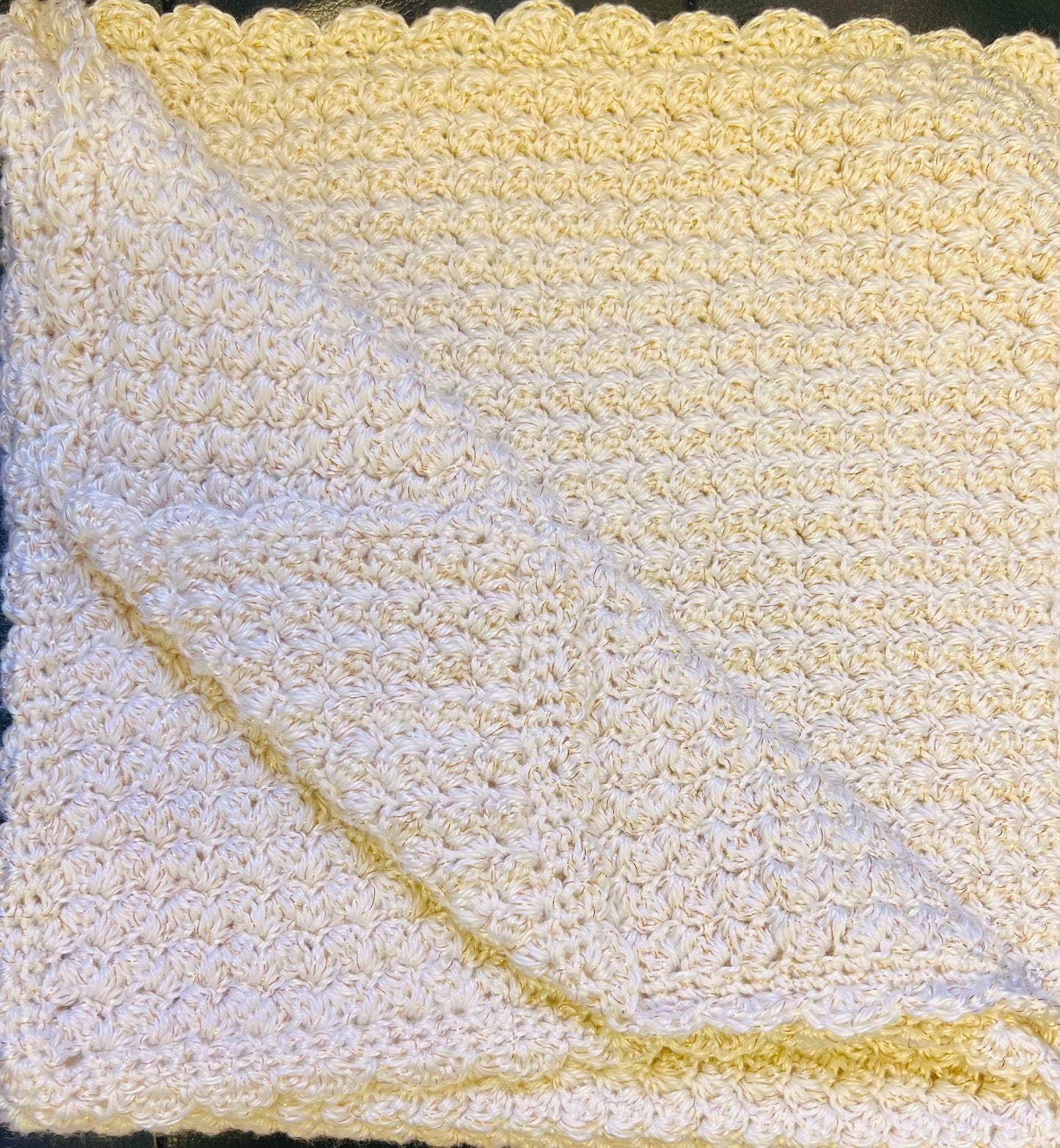 Handmade Crochet Baby Blanket - Cream with Gold Threading