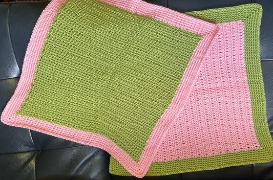 Handmade Crochet Lovey – 18"x18" – Pink and Green – Extra Soft Acrylic Yarn