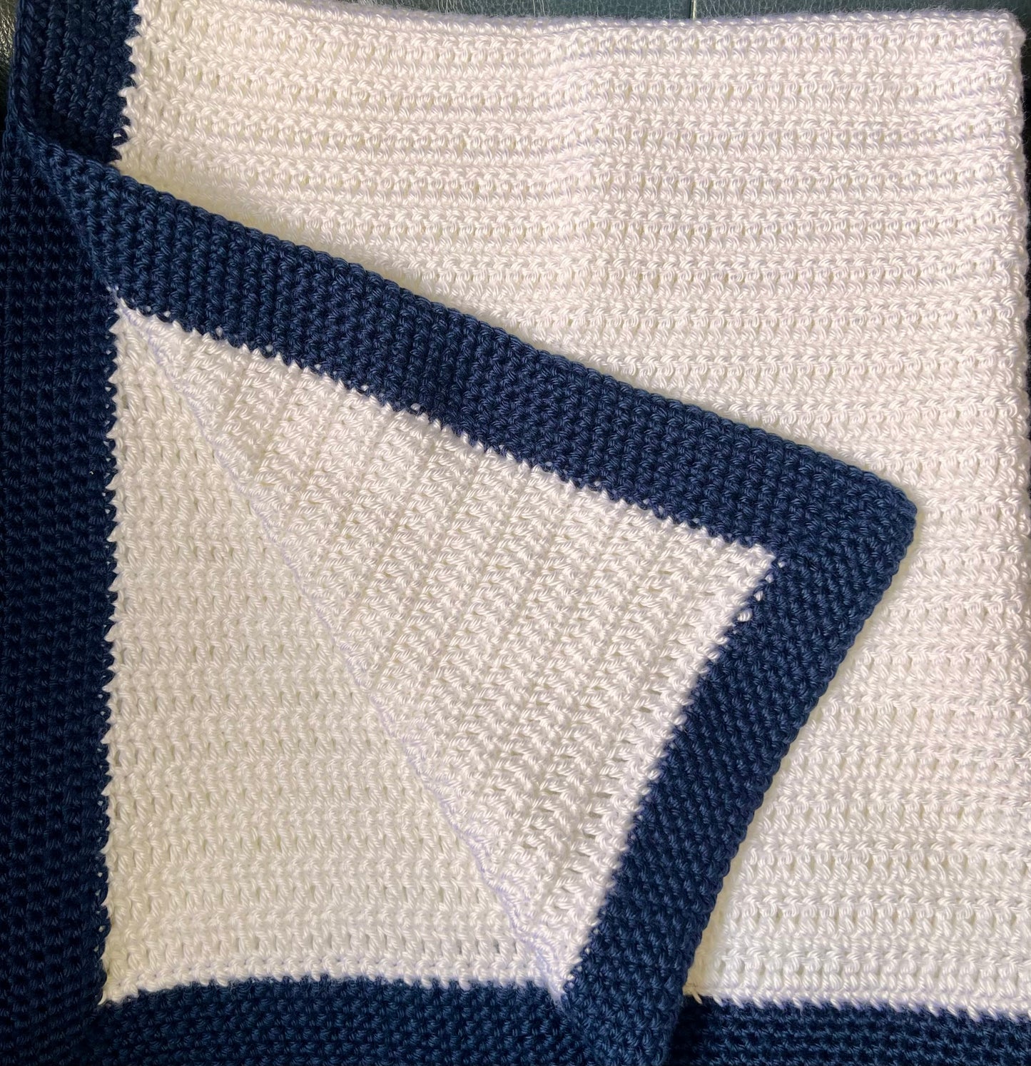 Handmade Crochet Baby Blanket, Snow White with Navy Border