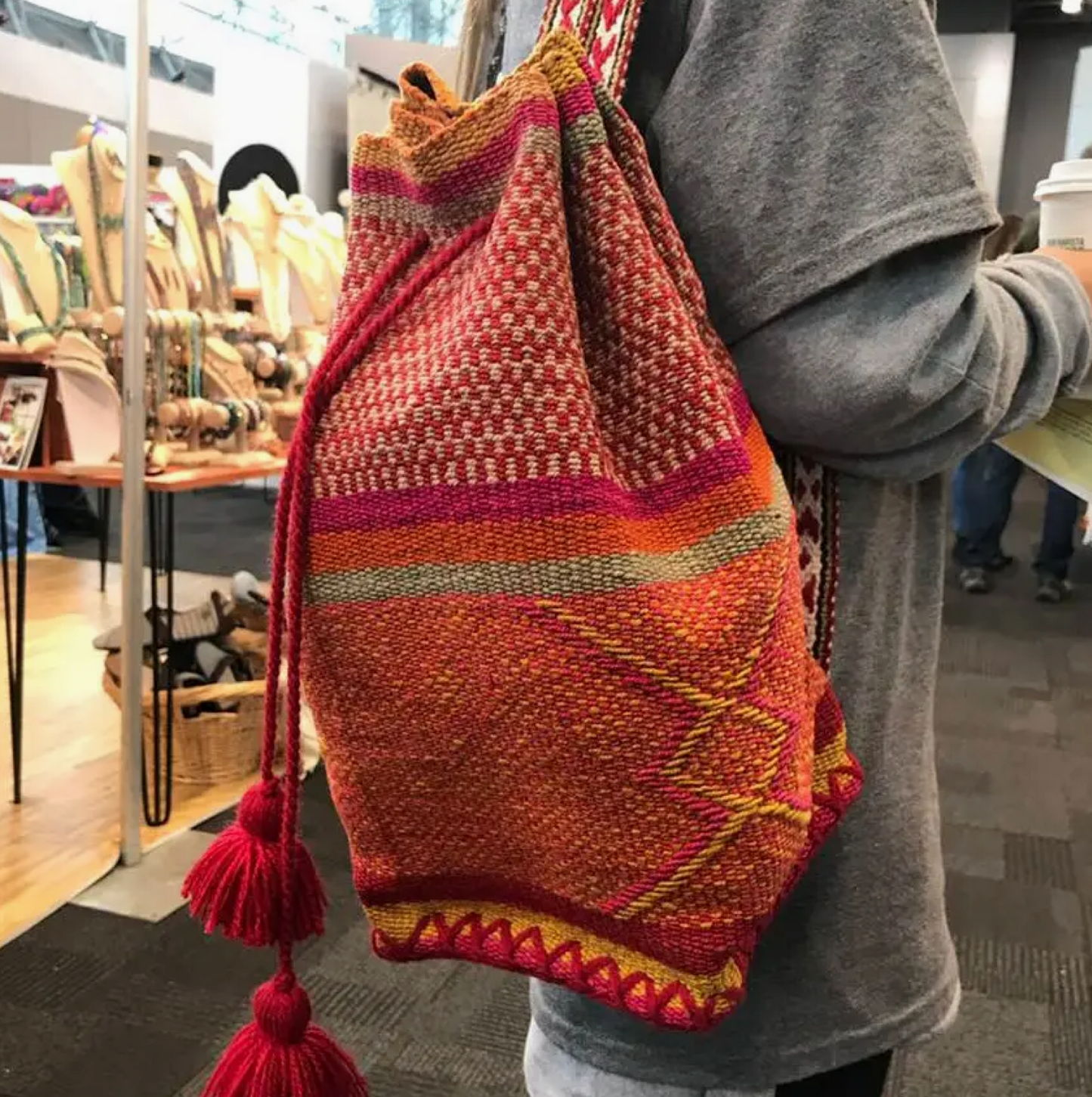 Hand Woven Sling Backpack with Drawstring Top