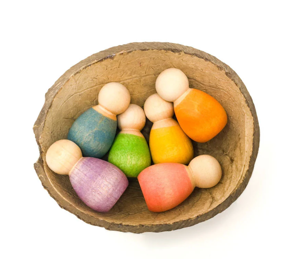 Light Baby Nins Play Set – 6 Wooden Figures & Coconut Shell