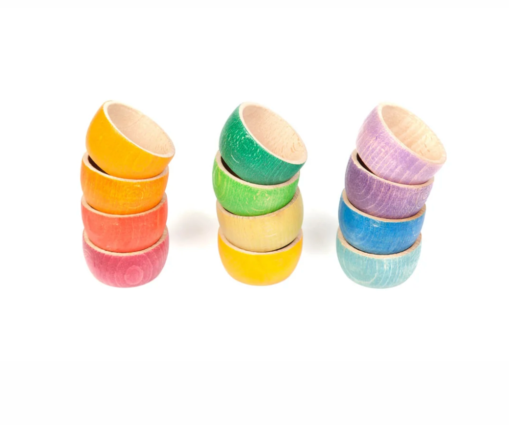 12 Rainbow Wooden Bowls, Sorting & Open-Ended Play Set